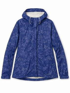 Eddie Bauer rain jacket L blue hood hi/low weather edge plus logo pockets zips